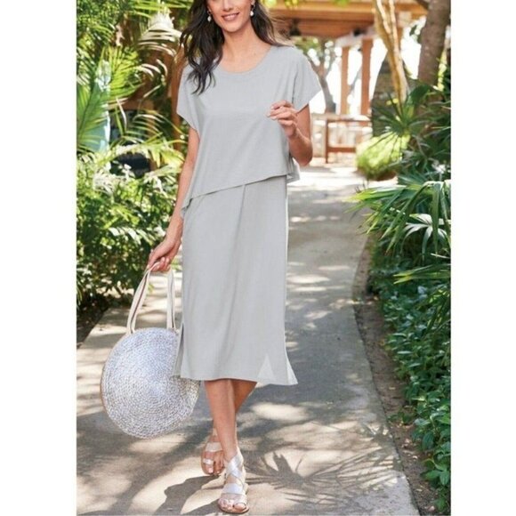 Soft Surroundings MyKonos Midi Dress Short Sleeve Stretch Pearl Blue Size L NEW - Picture 7 of 10